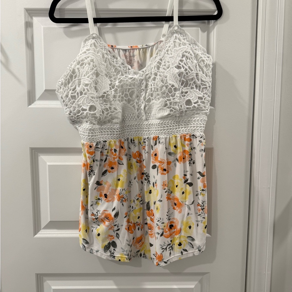 Floral Crochet Top with White and Orange Accents